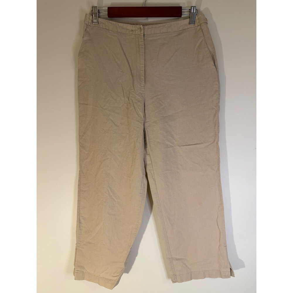 Evan-Picone Tan Linen Blend Cropped Pants Womens 10 Khaki Straight Leg Slit Hem
